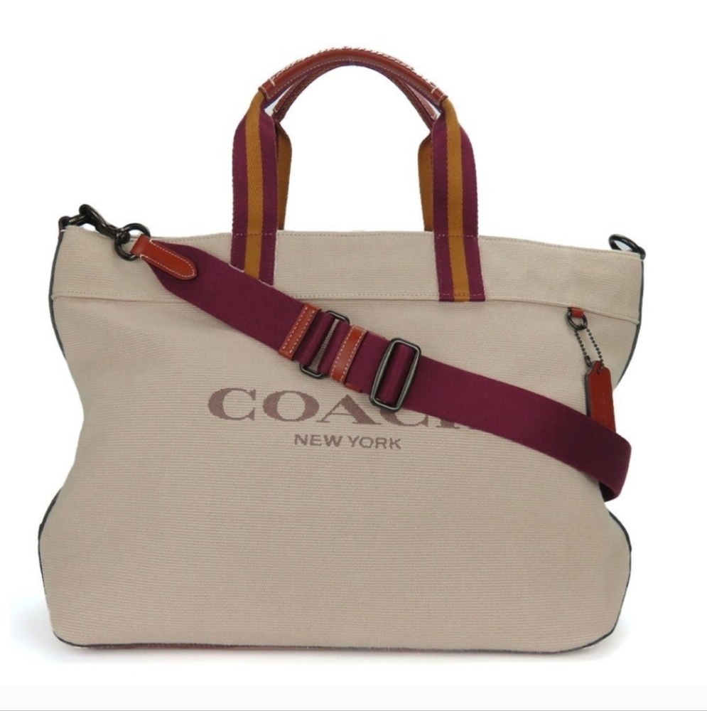 COACH Canvas and Leather Dark Beige Large Tote Bag with Burgundy Shoulder Strap